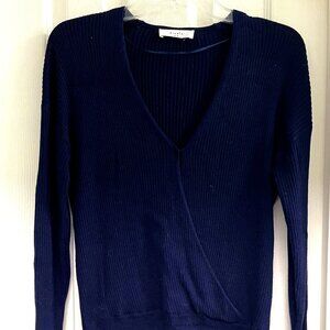 Navy Blue Elodie Faux Wrap V- neck ribbed knit sweater